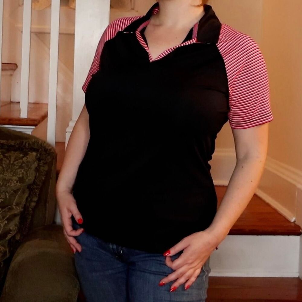 Adidas Women's Golf Polo Sz Medium Short Sleeve Black Pink Striped Preppy Top - Picture 4 of 5
